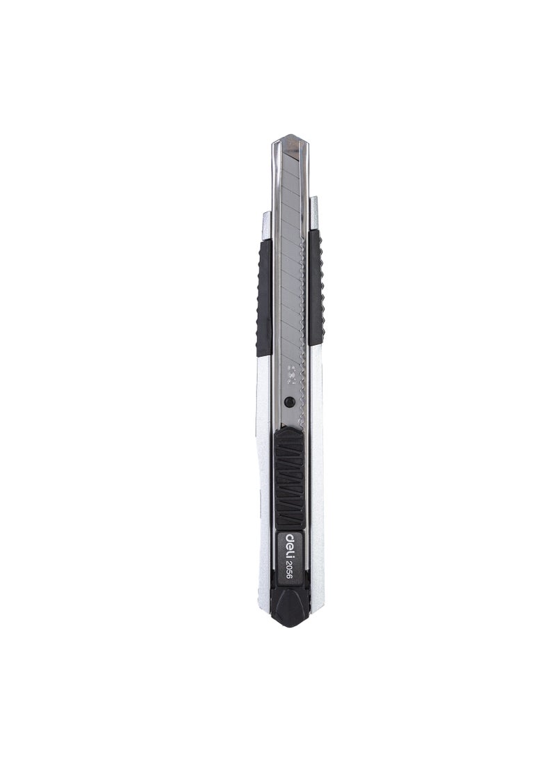 Deli E2056 Cutter - 13 Snap-Off SK5 Steel Blades, Zinc Alloy & Silicone Grip, Pen Clip Design, Silver, E2056 - Image 2