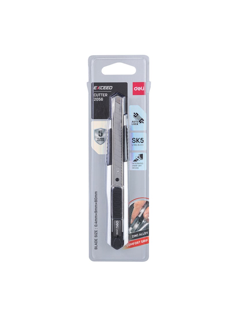 Deli E2056 Cutter - 13 Snap-Off SK5 Steel Blades, Zinc Alloy & Silicone Grip, Pen Clip Design, Silver, E2056 - Image 4