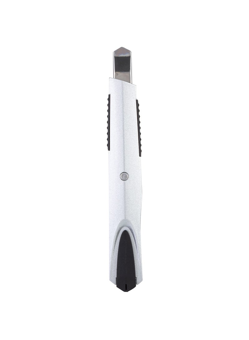 Deli E2056 Cutter - 13 Snap-Off SK5 Steel Blades, Zinc Alloy & Silicone Grip, Pen Clip Design, Silver, E2056 - Image 3