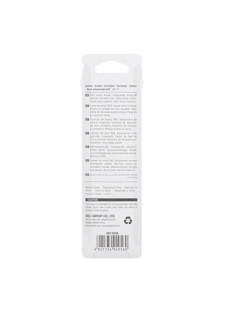 Deli E2056 Cutter - 13 Snap-Off SK5 Steel Blades, Zinc Alloy & Silicone Grip, Pen Clip Design, Silver, E2056 - Image 5