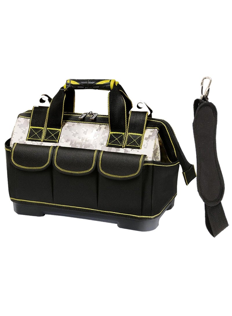 والالا حقيبة أدوات مفتوحة من الأعلى مقاس 17 بوصة مع قاعدة صلبة، حقيبة أدوات كهربائية مقاومة للماء، منظم أدوات بفتحة واسعة مع 15 جيبًا، قاعدة مصبوبة شديدة التحمل، حقيبة أدوات عاكسة للرجال - Image 1