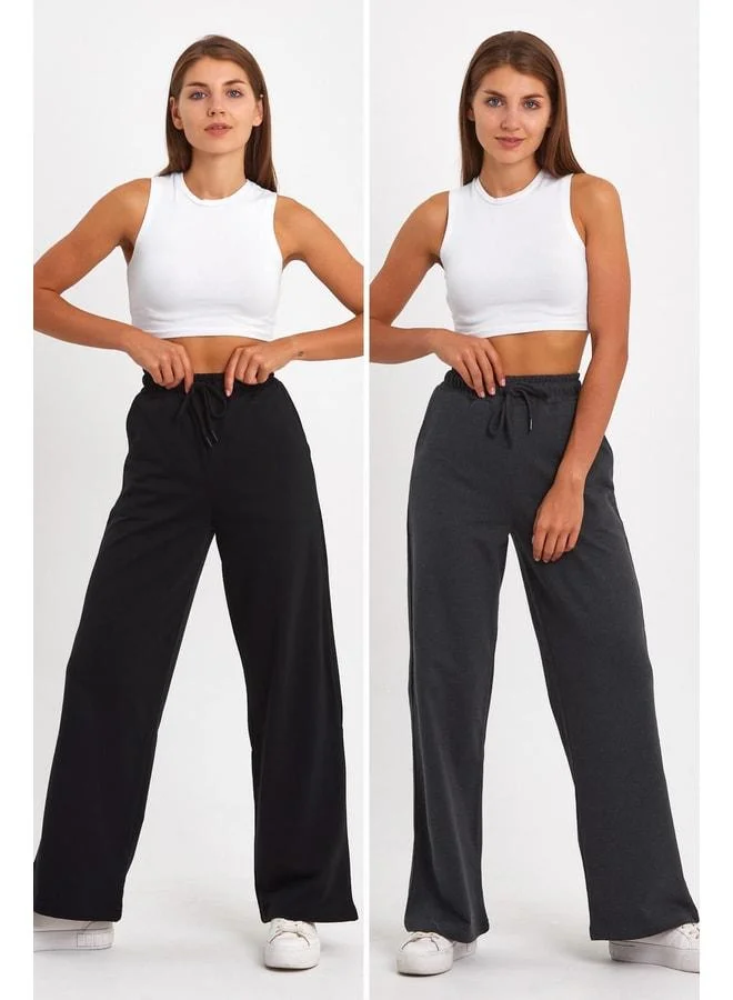 Mmetalic Black-Anthracite Women's Seasonal Loose-Fit Wide Leg Sweatpants with Side Pockets – 2-Pack