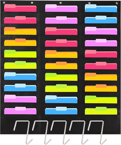 Hippo Creation Heavy Duty Storage Pocket Chart for Classroom, 30 Pocket Storage Organizer with 5 Over-Door Hangers, Hanging Wall Organizer for File Folders, School Mailbox, Home Office Papers - Black - Image 1