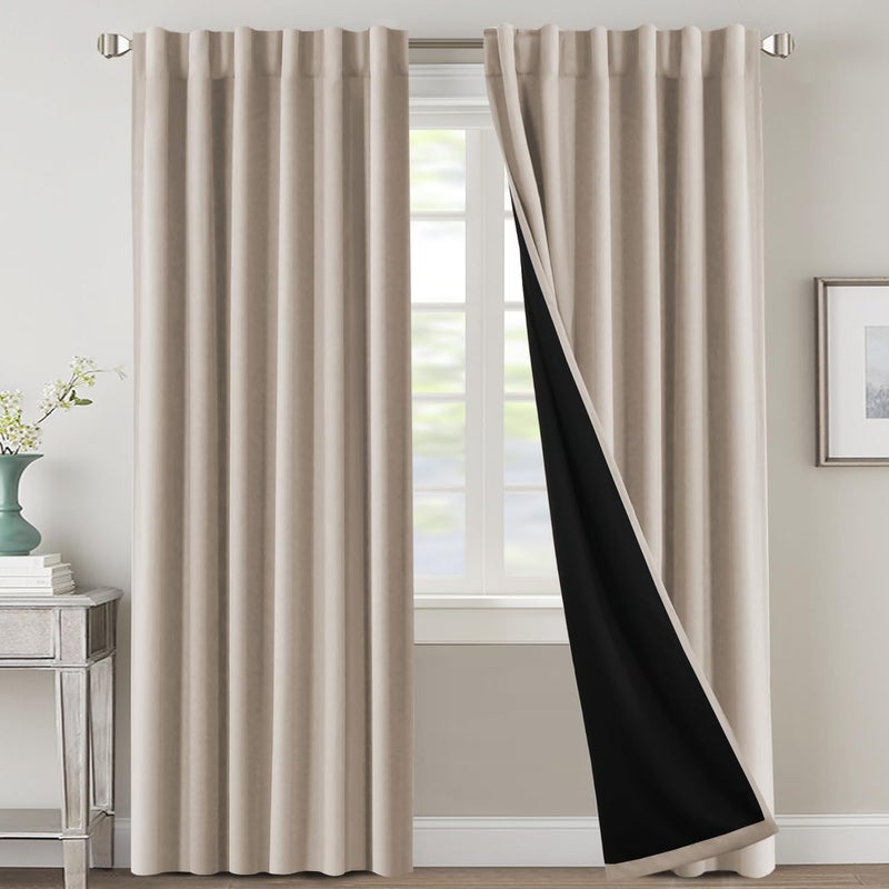 H.VERSAILTEX 100% Blackout Curtains for Bedroom with Black Liner Full Room Darkening Curtain 96 Inch Long Thermal Insulated Back Tab/Rod Pocket Window Drapes for Living Room  2 Panels  Natural - Image 1