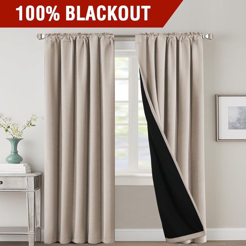 H.VERSAILTEX 100% Blackout Curtains for Bedroom with Black Liner Full Room Darkening Curtain 96 Inch Long Thermal Insulated Back Tab/Rod Pocket Window Drapes for Living Room  2 Panels  Natural - Image 2