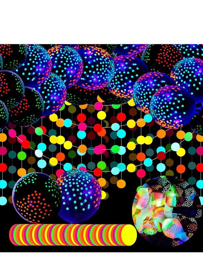 NIBEMINENT 40 Pieces Neon Balloons Glow in the Dark, Dark Party Supplies, 12 Inch Black Light Polka Dot Latex and 4 meter Paper Garland (Black, White)  - Image 1