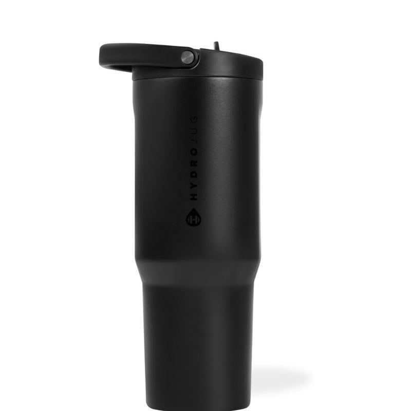 زجاجة ماء هيدروجوج الرياضية من الفولاذ المقاوم للصدأ مع قشة معزولة بالفراغ سعة 32 أونصة مقاومة للتسرب تصميم مريح قابلة لإعادة الاستخدام آمنة في غسالة الصحون قاعدة مطاطية متينة للجيم أو الهواء الطلق باللون الأسود