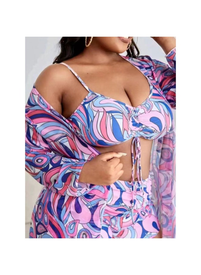Generic Production Three-piece Plus Fertilizer Swimsuit Swimsuit Women's Long Blouse High Waist Boxer Pants Women's Swimsuit Swimsuit-Color:Cyan-Size:M  - Image 2