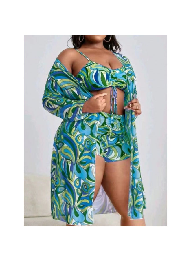 Generic Production Three-piece Plus Fertilizer Swimsuit Swimsuit Women's Long Blouse High Waist Boxer Pants Women's Swimsuit Swimsuit-Color:Cyan-Size:M  - Image 1