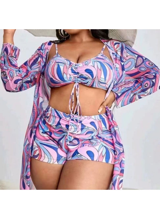 Generic Production Three-piece Plus Fertilizer Swimsuit Swimsuit Women's Long Blouse High Waist Boxer Pants Women's Swimsuit Swimsuit-Color:Cyan-Size:M  - Image 3