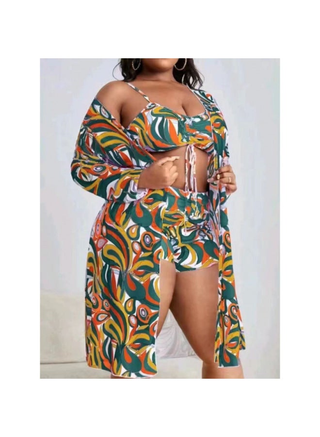 Generic Production Three-piece Plus Fertilizer Swimsuit Swimsuit Women's Long Blouse High Waist Boxer Pants Women's Swimsuit Swimsuit-Color:Cyan-Size:M  - Image 4