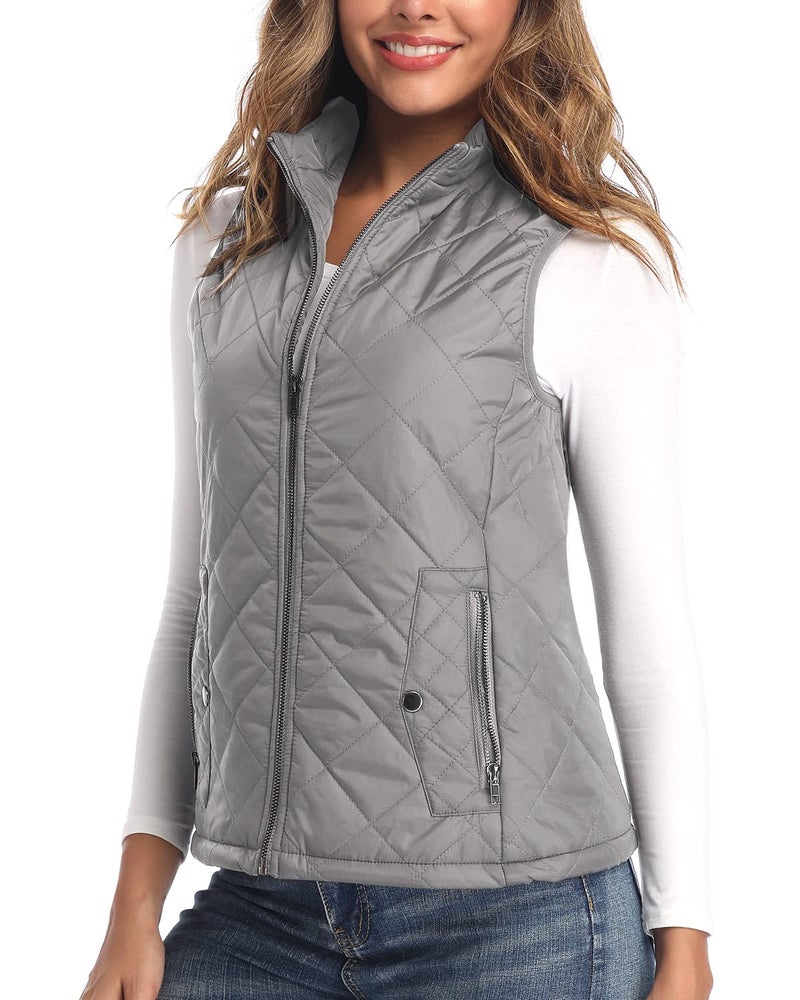 Argstar Womens Quilted Puffer Vest with 4 Pockets Stand Collar Lightweight Zip Padded Outerwear Gilet Gray Grey L