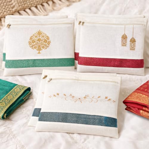 IVillage Travel Saree Bags Cotton - Set of 6 Washable Saree Covers India - Cotton Saree Cover with Zip & Transparent Window - Dust Proof Wardrobe Organizer - Image 1