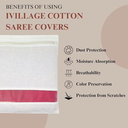 IVillage Travel Saree Bags Cotton - Set of 6 Washable Saree Covers India - Cotton Saree Cover with Zip & Transparent Window - Dust Proof Wardrobe Organizer - Image 5