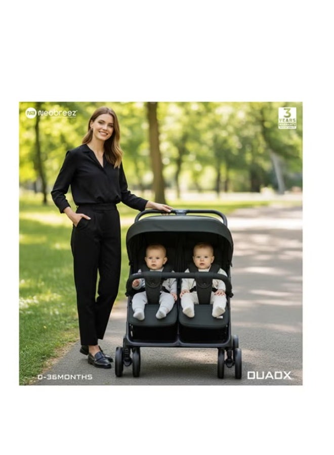 neobreez DUADX Sibling/Twin/Double Side by Side Baby Toddler Stroller, Compact Baby Trolley Pushchair, One-Hand Fold, Waterproof UPF 50+ Canopy, 0-3yrs, 30kg (15kg per child), 3yrs Warranty - Image 2