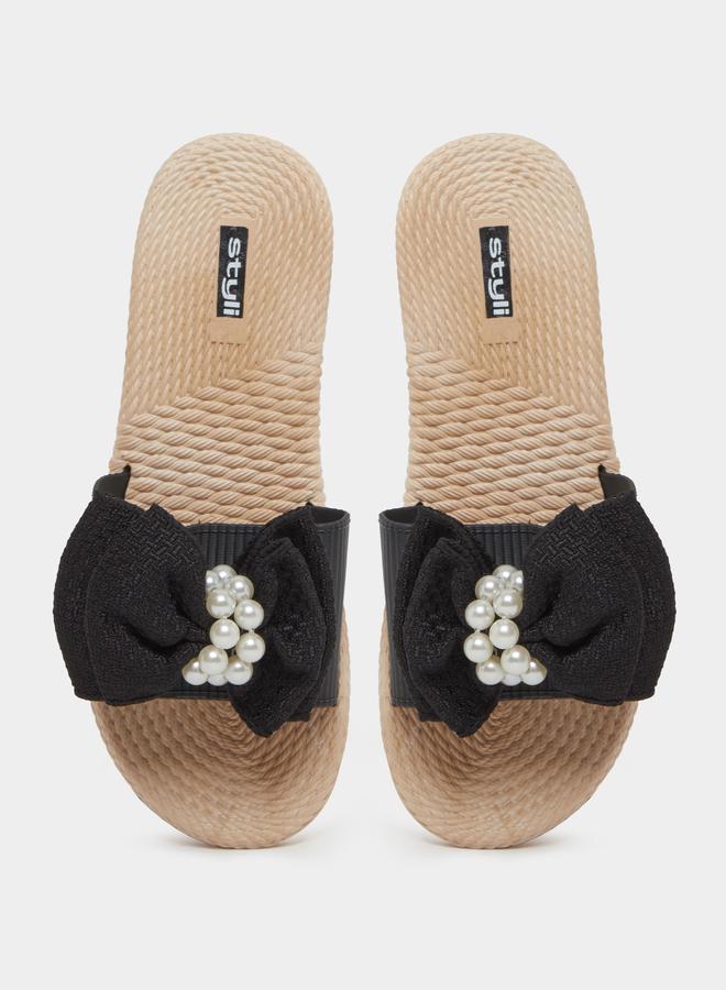 Styli Women Black Bow Detail Flat Sandals - Image 5