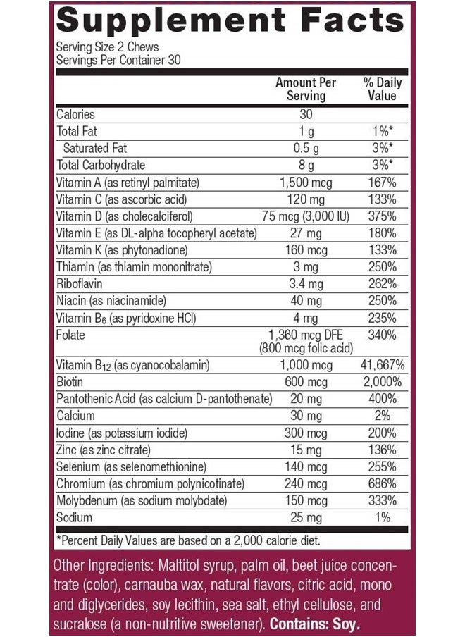 Multi Chewy Bite - Soft Chew Multivitamin for Bariatric Surgery Patients - Chewable Multivitamin with Folic Acid, Vitamin D3 & More - Dark Cherry Flavor - 60 Count