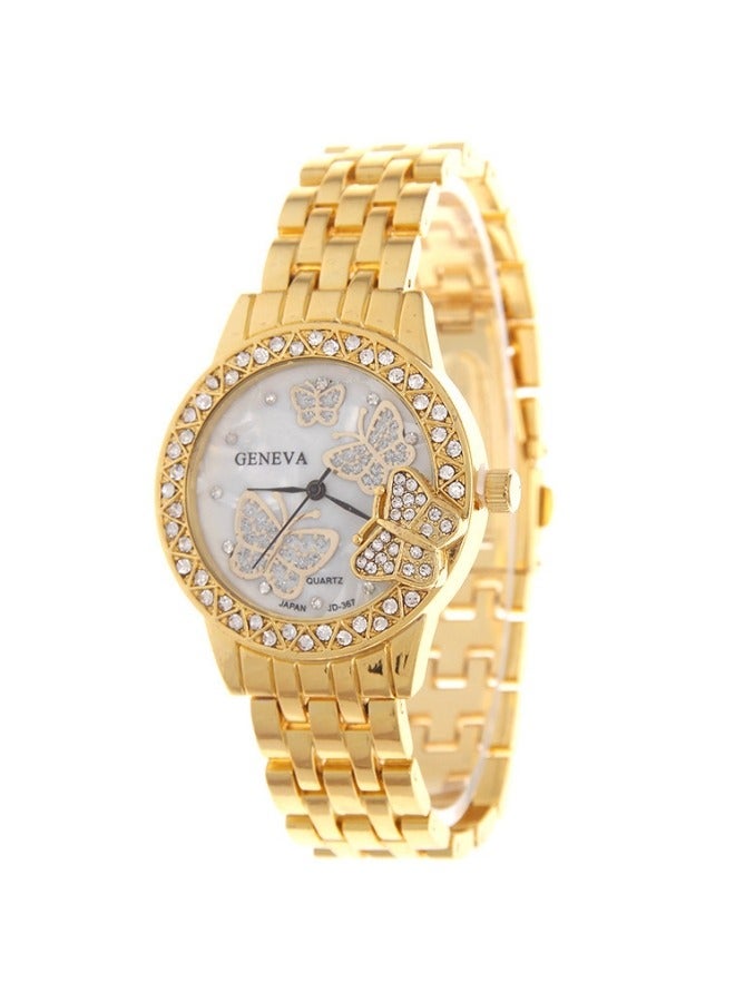 جنيفا ساعة كريستال فراشة مقاومة للماء معصم كوارتز تناظري ساعات مجوهرات لأزياء النساء فستان غير عادي (ذهبي) - Image 1
