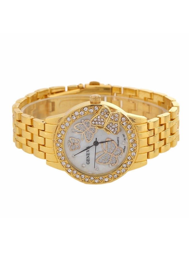 جنيفا ساعة كريستال فراشة مقاومة للماء معصم كوارتز تناظري ساعات مجوهرات لأزياء النساء فستان غير عادي (ذهبي) - Image 2