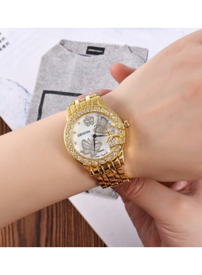 جنيفا ساعة كريستال فراشة مقاومة للماء معصم كوارتز تناظري ساعات مجوهرات لأزياء النساء فستان غير عادي (ذهبي) - Image 4