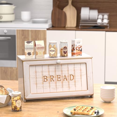 TQQDCI Vintage Bread Box for Kitchen Countertop, Retro Design Bread Storage Container, Farmhouse Wooden Counter Breadbox, Small Bamboo Bread Bin Holder for Homemade Bread, White - Image 4
