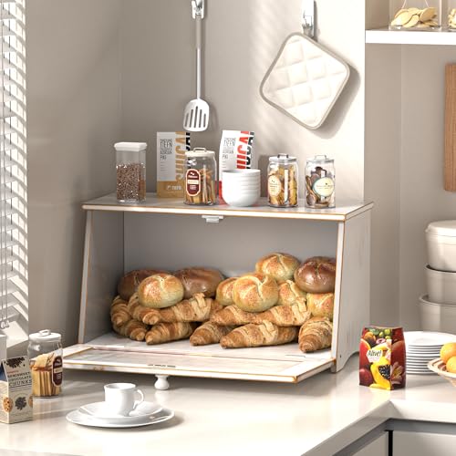 TQQDCI Vintage Bread Box for Kitchen Countertop, Retro Design Bread Storage Container, Farmhouse Wooden Counter Breadbox, Small Bamboo Bread Bin Holder for Homemade Bread, White - Image 2