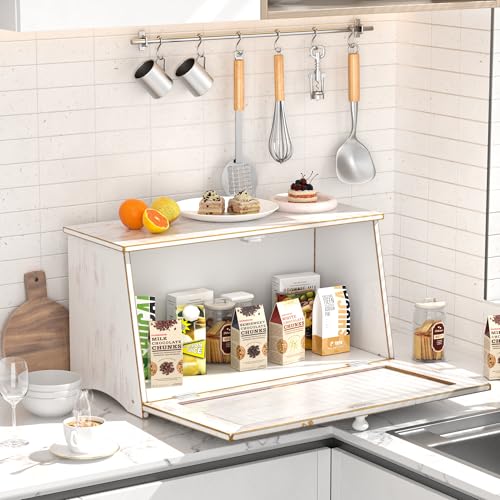 TQQDCI Vintage Bread Box for Kitchen Countertop, Retro Design Bread Storage Container, Farmhouse Wooden Counter Breadbox, Small Bamboo Bread Bin Holder for Homemade Bread, White - Image 5