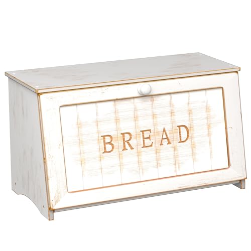 TQQDCI Vintage Bread Box for Kitchen Countertop, Retro Design Bread Storage Container, Farmhouse Wooden Counter Breadbox, Small Bamboo Bread Bin Holder for Homemade Bread, White - Image 1