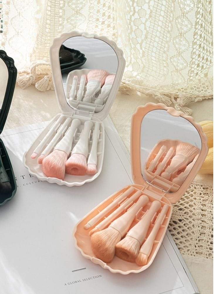 5PCS Shell Design Make Up Foundation Brushes Box Cosmetic Handheld Mirror Brush Makeup Soft Concealer Cosmetic Set Brushes Tool Foundation, Blush, Concealer, Makeup Brushes Kit with Travel Case - Image 1