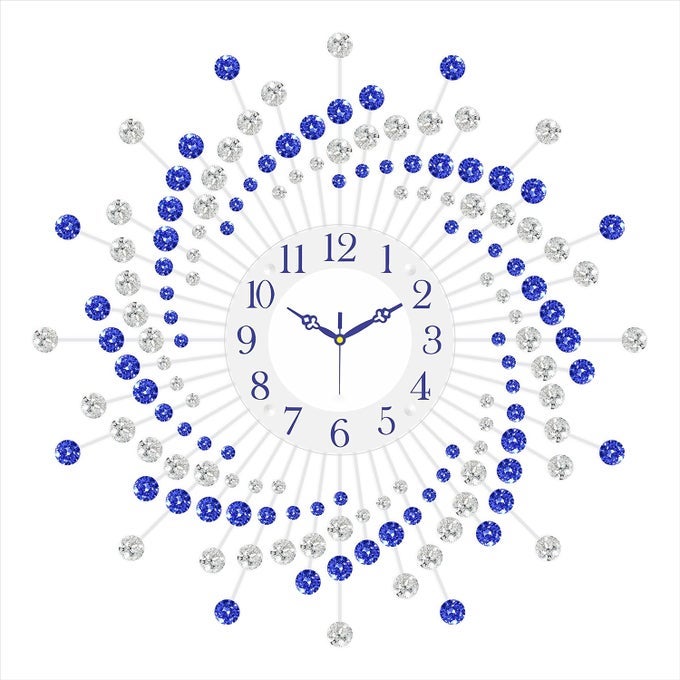 BEAUTIFUL CRYSTAL ANALOG FLORAL DESIGN ROUND DIAMOND STUDDED METAL WALL CLOCK FOR LIVING ROOM HOME DECOR OFFICE GIFTS SIZE 60 X 5 X 60 CM COLOR BLUE WHITE WEIGHT 1460 GRAM