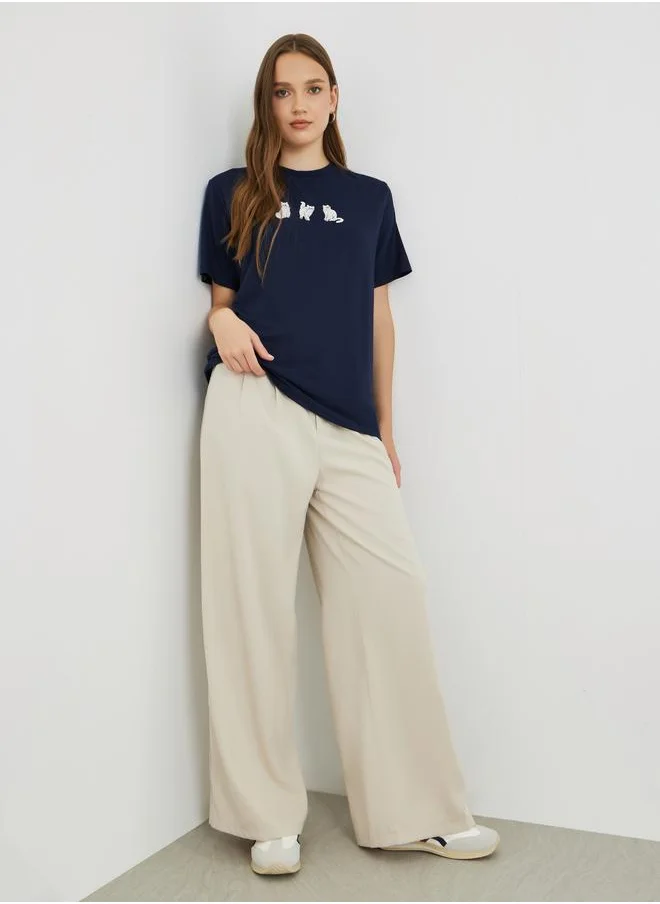 Take Two Take Two Embroidered Oversized Round Neck T-Shirt