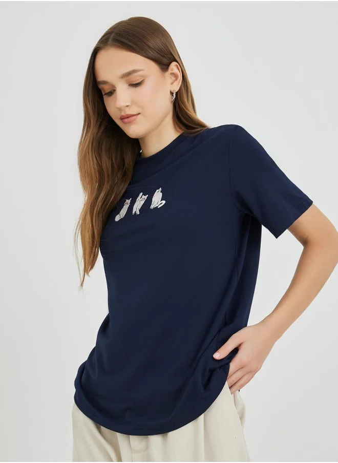 Take Two Take Two Embroidered Oversized Round Neck T-Shirt