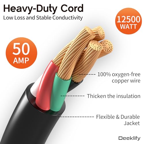 Deeklify 25FT 50 Amp Generator Cord, NEMA 14-50P/SS2-50R Heavy-Duty 4 Conductors Cable, Pure Copper STW RV Extension Cord, Female Plug with Twist Lock, Suitable for RV or Camper, ETL Listed - Image 4