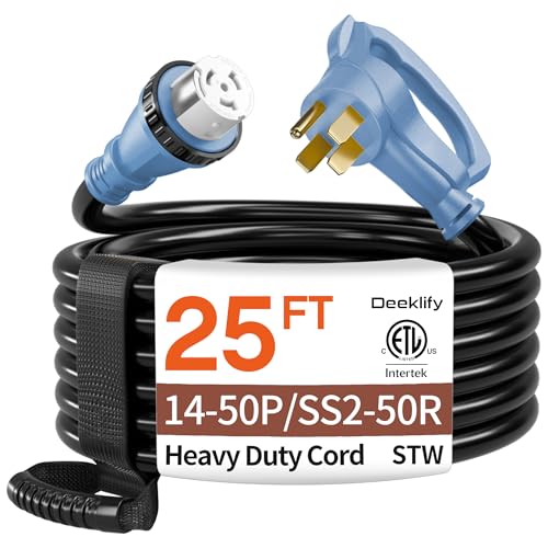 Deeklify 25FT 50 Amp Generator Cord, NEMA 14-50P/SS2-50R Heavy-Duty 4 Conductors Cable, Pure Copper STW RV Extension Cord, Female Plug with Twist Lock, Suitable for RV or Camper, ETL Listed - Image 1