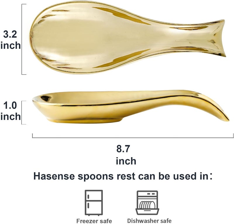 Hasense Ceramic Spoon Rest Set of 2 for Stove Top, Porcelain Spoon Holder for Kitchen Counter Cooking Utensil Home Decor, Kitchen Spatula Holders for Spoons, Ladles and Tongs, Gold and Silver - Image 2
