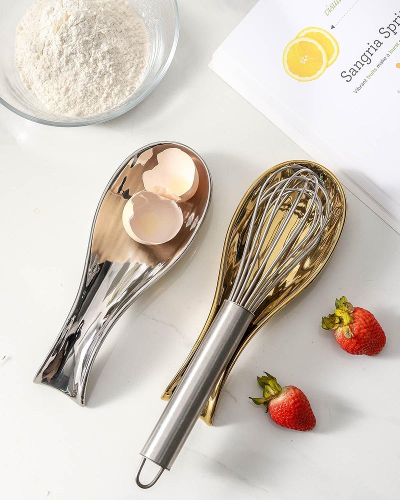 Hasense Ceramic Spoon Rest Set of 2 for Stove Top, Porcelain Spoon Holder for Kitchen Counter Cooking Utensil Home Decor, Kitchen Spatula Holders for Spoons, Ladles and Tongs, Gold and Silver - Image 3