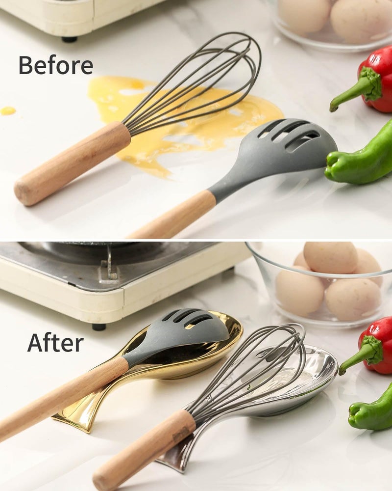 Hasense Ceramic Spoon Rest Set of 2 for Stove Top, Porcelain Spoon Holder for Kitchen Counter Cooking Utensil Home Decor, Kitchen Spatula Holders for Spoons, Ladles and Tongs, Gold and Silver - Image 4