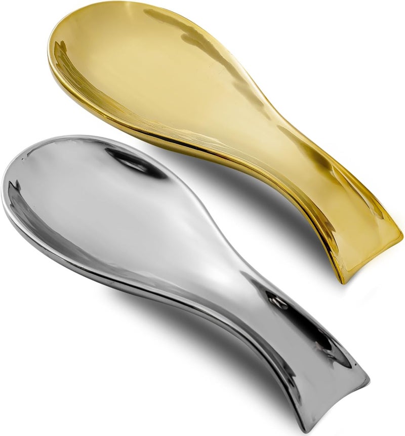 Hasense Ceramic Spoon Rest Set of 2 for Stove Top, Porcelain Spoon Holder for Kitchen Counter Cooking Utensil Home Decor, Kitchen Spatula Holders for Spoons, Ladles and Tongs, Gold and Silver - Image 1