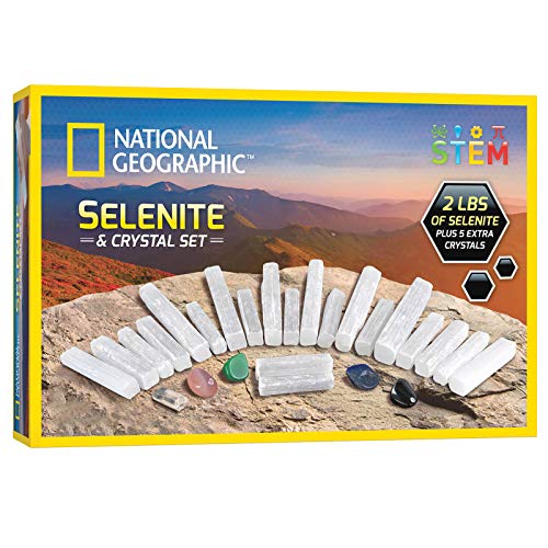 Blue Marble National Geographic Selenite Crystal Set - 2 lbs of Bulk Selenite Wands & 5 Premium Crystals, Rose Quartz, Hematite, Aventurine, Blue Quartz, Raw Crystals, Gemstones - Image 1