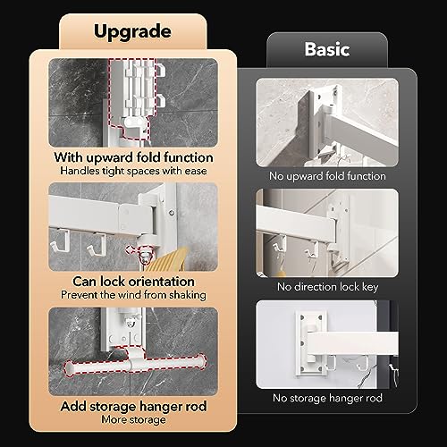 ZdwCyl Clothes Drying Rack,Laundry Drying Rack Wall Mount, Wall Mounted Clothes Rack,Retractable,Collapsible(Tri-Fold),Drying Rack Clothing,can Fold Upward & Left & Right,Space Saver, White Color - Image 2