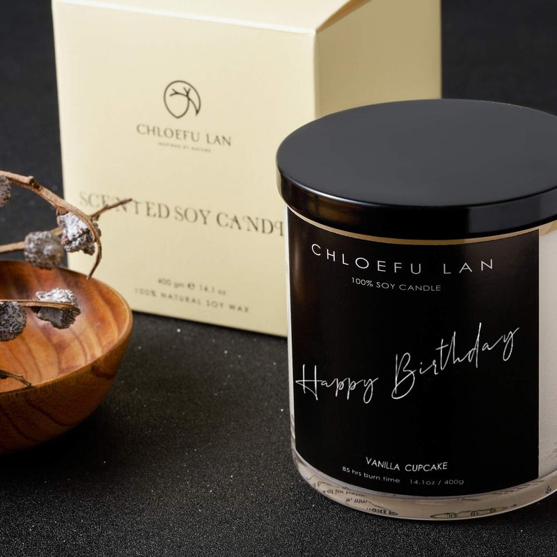 Chloefu LAN Happy Birthday Vanilla Cupcake Sugar Sweet Scented Soy Wax Candle for Home | 14.1 oz Clear Glass Jar, 100 Hour Burn Time Highly Scented & Long Lasting Burning All-Natural Organic Candle - Image 5