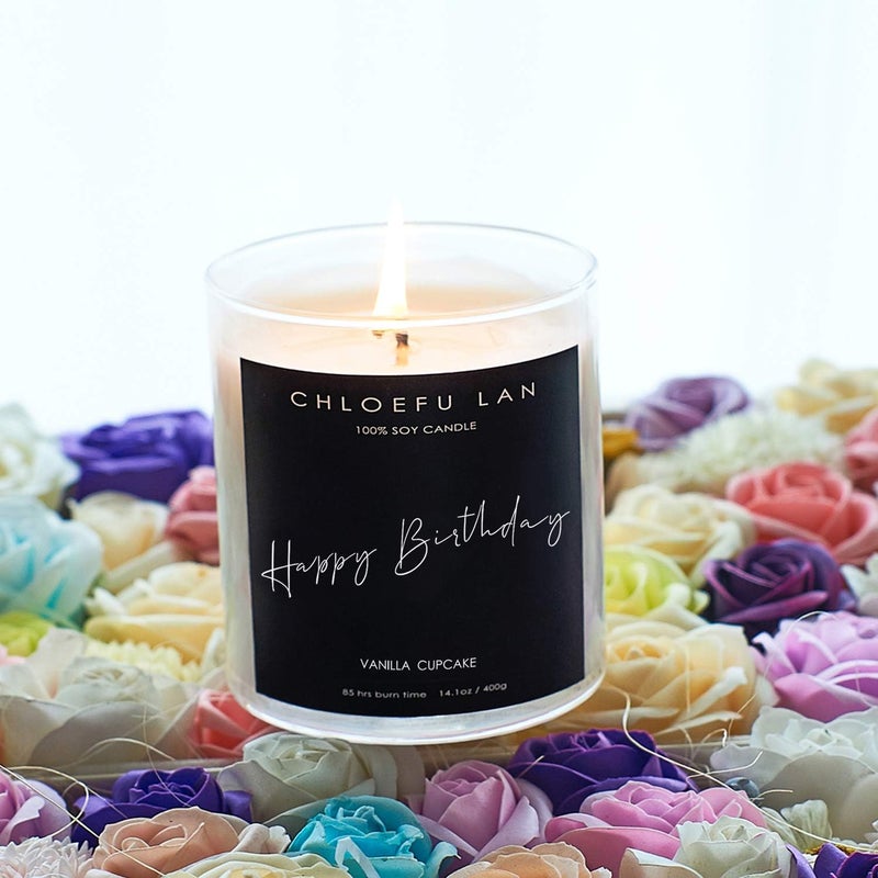 Chloefu LAN Happy Birthday Vanilla Cupcake Sugar Sweet Scented Soy Wax Candle for Home | 14.1 oz Clear Glass Jar, 100 Hour Burn Time Highly Scented & Long Lasting Burning All-Natural Organic Candle - Image 2