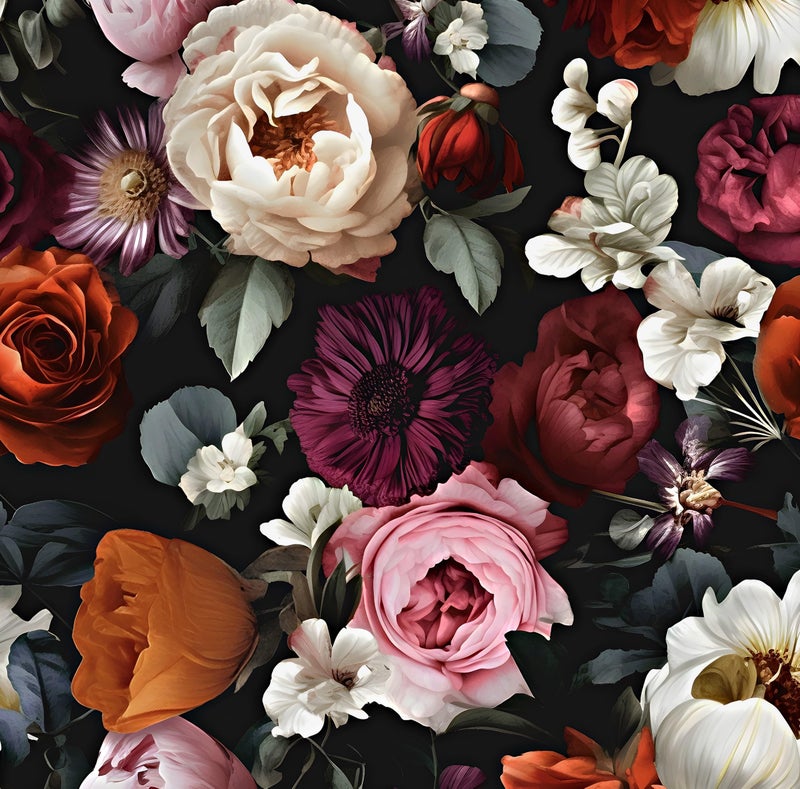 Laatse Floral Wallpaper Peel and Stick, Rose Flowers Contact Paper 17.5" x 118", Modern Wall Paper Self Adhesive Removable Waterproof for Room Walls Shelves Cabinet Drawer Table Decor(Black, Red) - Image 1
