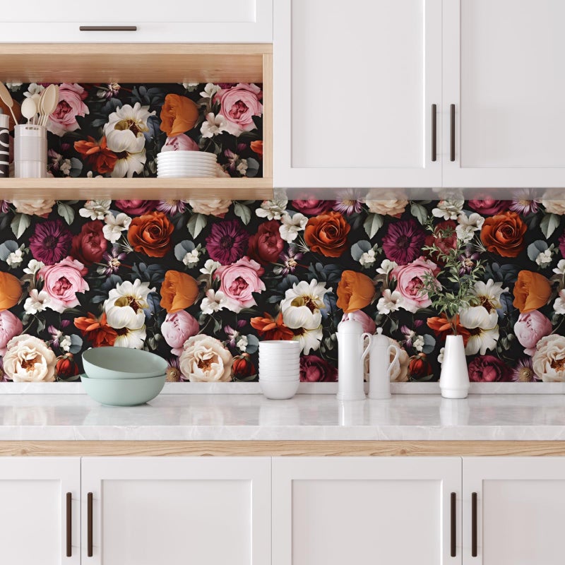 Laatse Floral Wallpaper Peel and Stick, Rose Flowers Contact Paper 17.5" x 118", Modern Wall Paper Self Adhesive Removable Waterproof for Room Walls Shelves Cabinet Drawer Table Decor(Black, Red) - Image 4