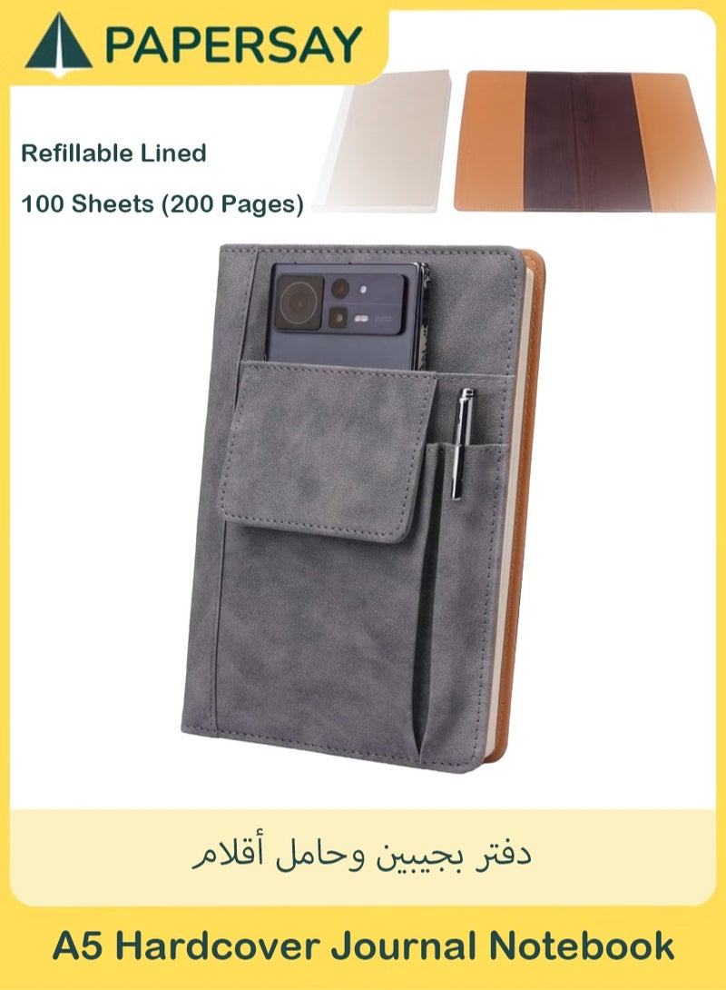 PAPERSAY Refillable Lined Leather Journal Notebook, A5 Hardcover Journal Notebook, 100gsm 200 Pages Thick Paper Notebooks with Front Pockets and Pen Pocket for Men Women School, Travel, Business, Writing - Image 1