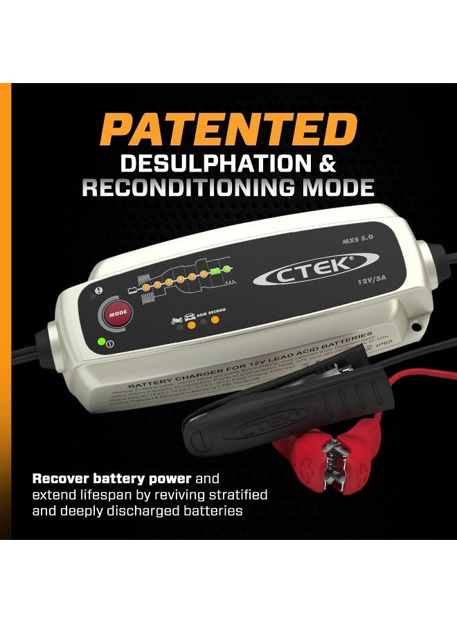 CTEK CTEK MXS 5.0 Battery Charger 12V- 5AP With Built-In Temperature Compensation, Motorcycle & Car Charger, Smart Battery Charger, Battery Maintainer With Reconditioning Mode & Dedicated AGM Mode UK Plug - Image 3