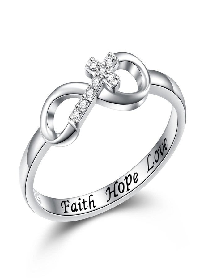 DAOCHONG Inspirational Jewelry 925 Sterling Silver Engraved Faith Hope Love CZ Cross Infinity Ring for Women Easter Present Size 6 - Image 1