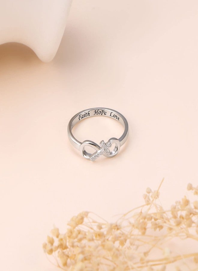 DAOCHONG Inspirational Jewelry 925 Sterling Silver Engraved Faith Hope Love CZ Cross Infinity Ring for Women Easter Present Size 6 - Image 4