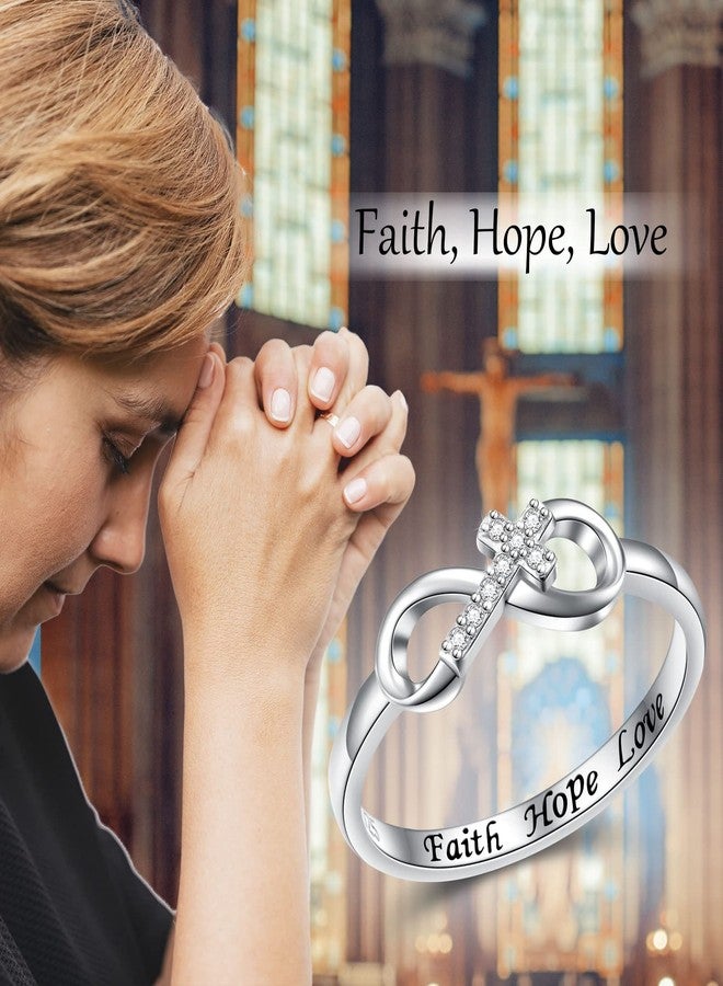 DAOCHONG Inspirational Jewelry 925 Sterling Silver Engraved Faith Hope Love CZ Cross Infinity Ring for Women Easter Present Size 6 - Image 5