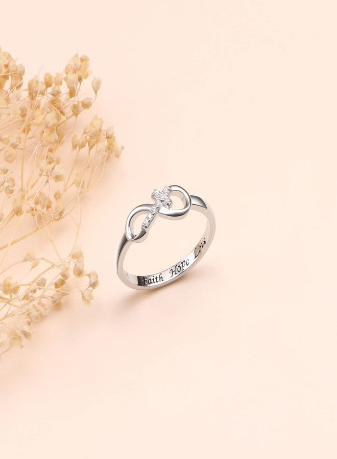 DAOCHONG Inspirational Jewelry 925 Sterling Silver Engraved Faith Hope Love CZ Cross Infinity Ring for Women Easter Present Size 6 - Image 3